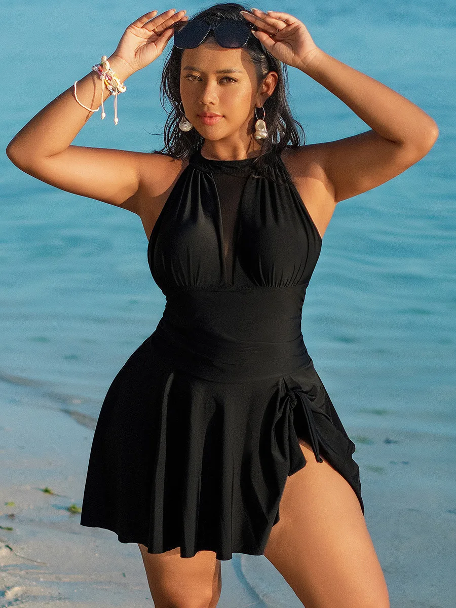 Oversize Bikini for Women Pure Black Mesh Patchwork Dress One Piece Swimsuit Halter Backless Beach Vacation Swimwear 2025 New