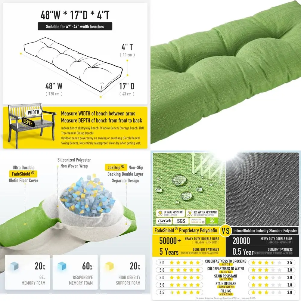 

Нескользящая подушка для скамейки из пены с эффектом памяти, FadeShield и водостойкая, утолщенная подушка для сиденья для улицы/в помещении, 48x16x4 дюйма, Appl