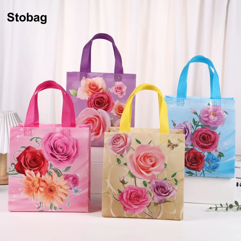 

StoBag 8/20pcs Non-woven Tote Bags Flowers Gift Fabric Candy Cake Packaging Waterproof Storage Reusable Pouch Party Favors