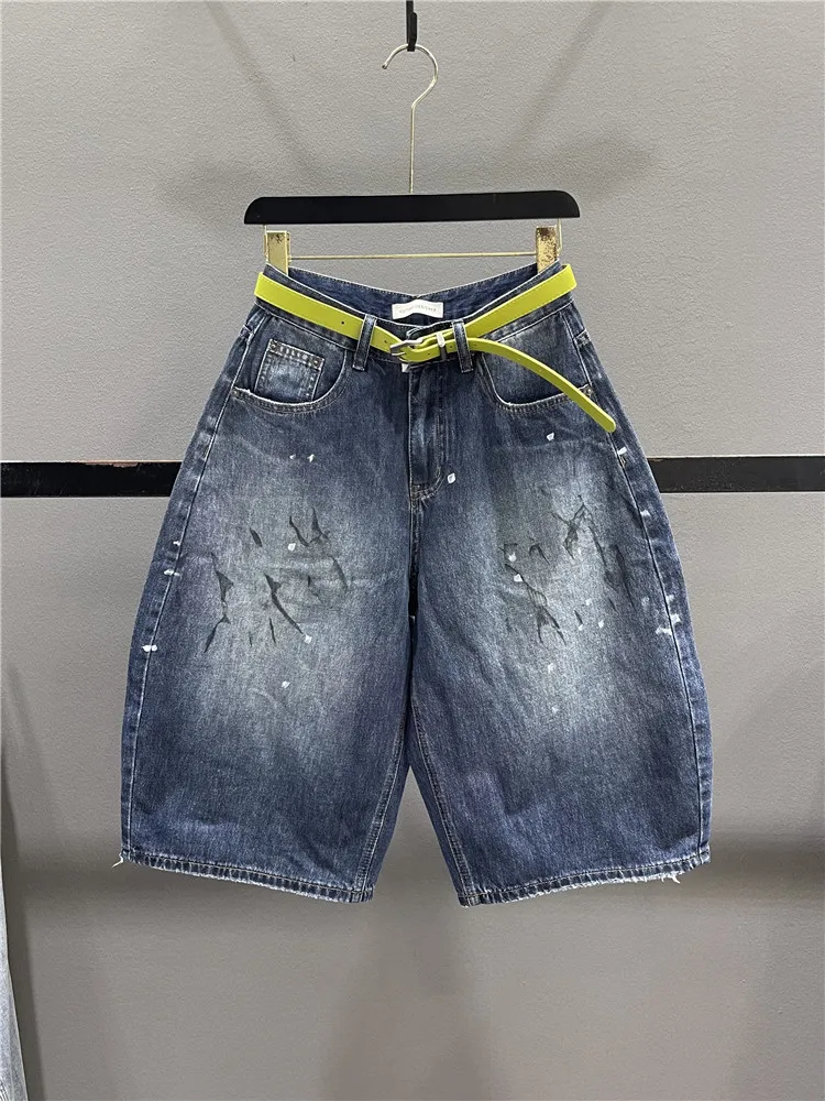 

Retro American Graffiti Dye Wide Leg Jeans Women's Loose Casual Summer Style Natural Waist Denim Pants No Stretch Elastic