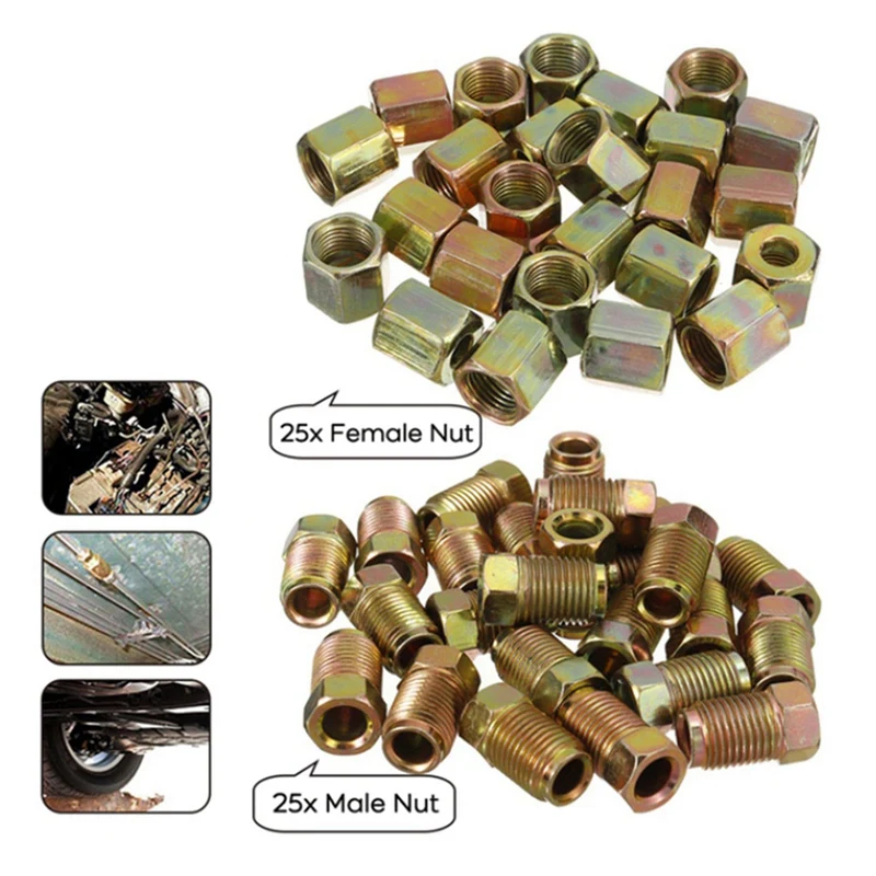 100Pcs Male / Female End Union Brake Pipe Screw Nuts M10 X 1Mm 3/16Inch OD Copper Brake Tubes Line Pipe Fittings Metric