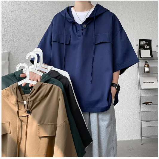 Summer Hooded T shirt Men Korean Half Sleeve Pullover Streetwear Loose T-shirt Tops Drawstring Men Clothing
