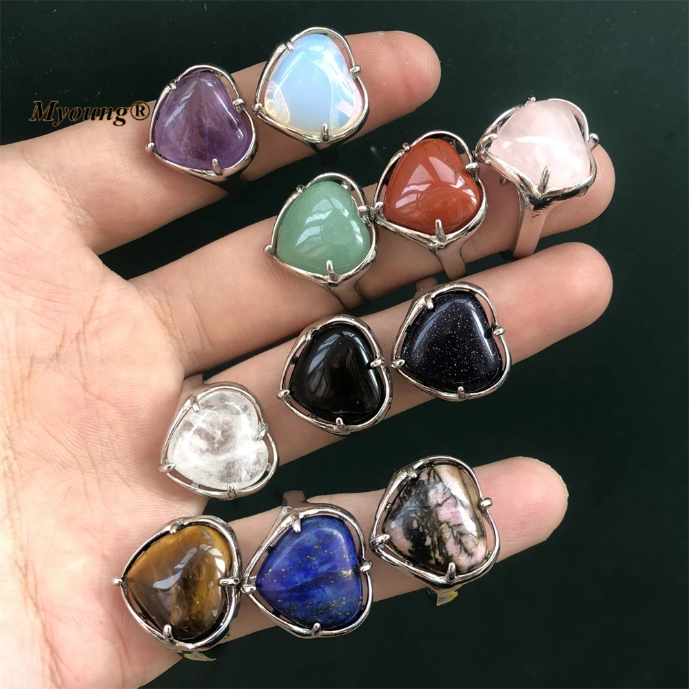 Wholesale Heart Shape Natural Gems Tiger Eye Stone Crystal Quartz Amethysts Lapis Adjustable Rings For Women MY221019