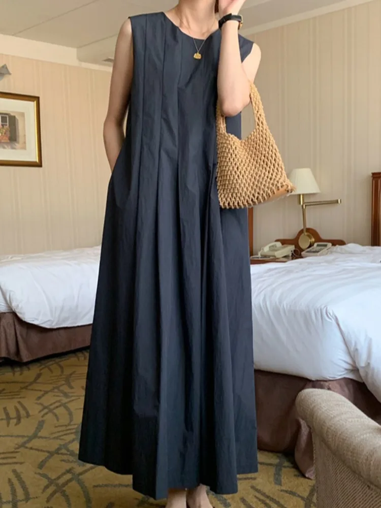 

Синий жилет Dr Женское летнее длинное платье Ele round Ne Плиссированное платье High-End Feeling Trendy
