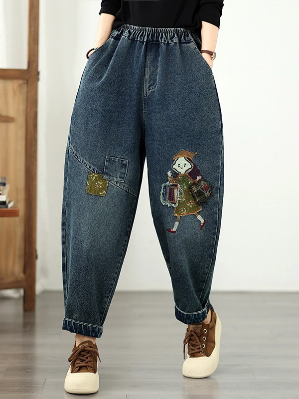 Retro Embroidered Denim Jeans Women's Summer Large Size Loose Casual Fashion Artistic Harajuku Dad Pants Multi-Functional