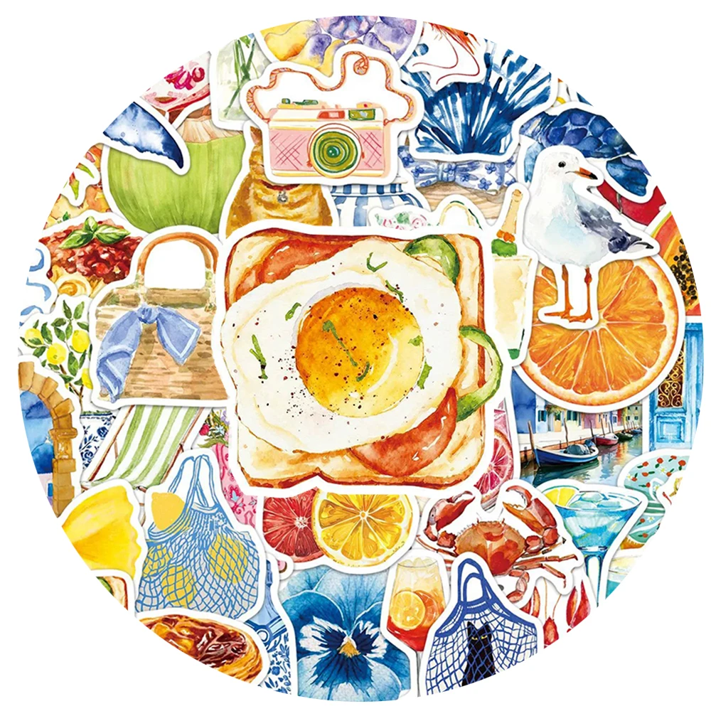 

10/30/50pcs Mediterranean Aesthetic Retro Graffiti Stickers Cartoon Food Sticker Water Bottle Guitar Laptop Phone Decals Decor