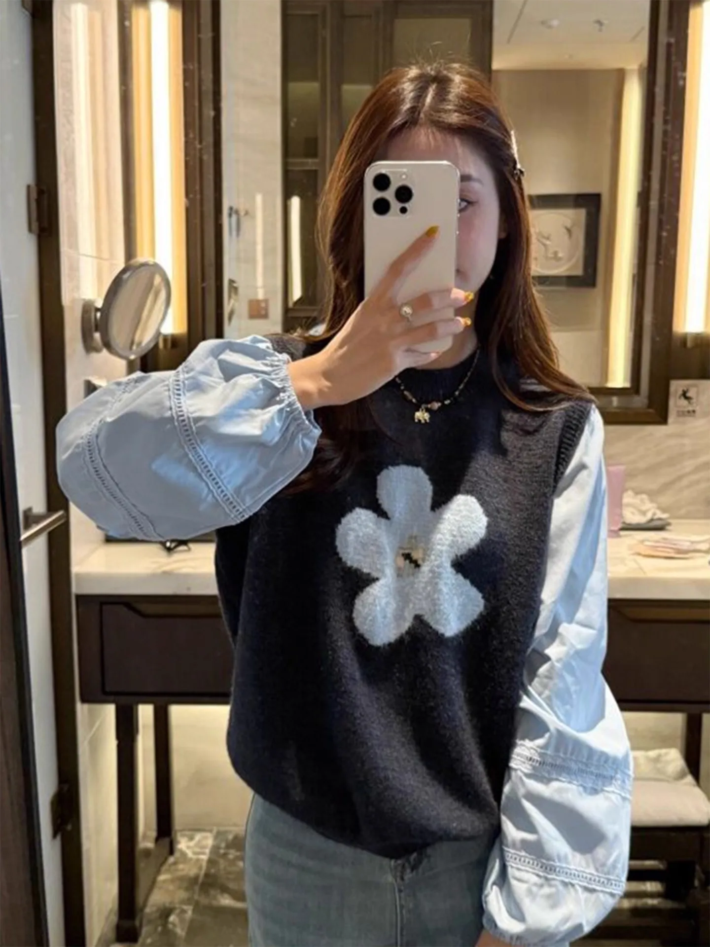 

Inspired Svel round Ne Knitted Vest Women's Outerwear Spring Autumn Faionable Floral Print Commute Sle