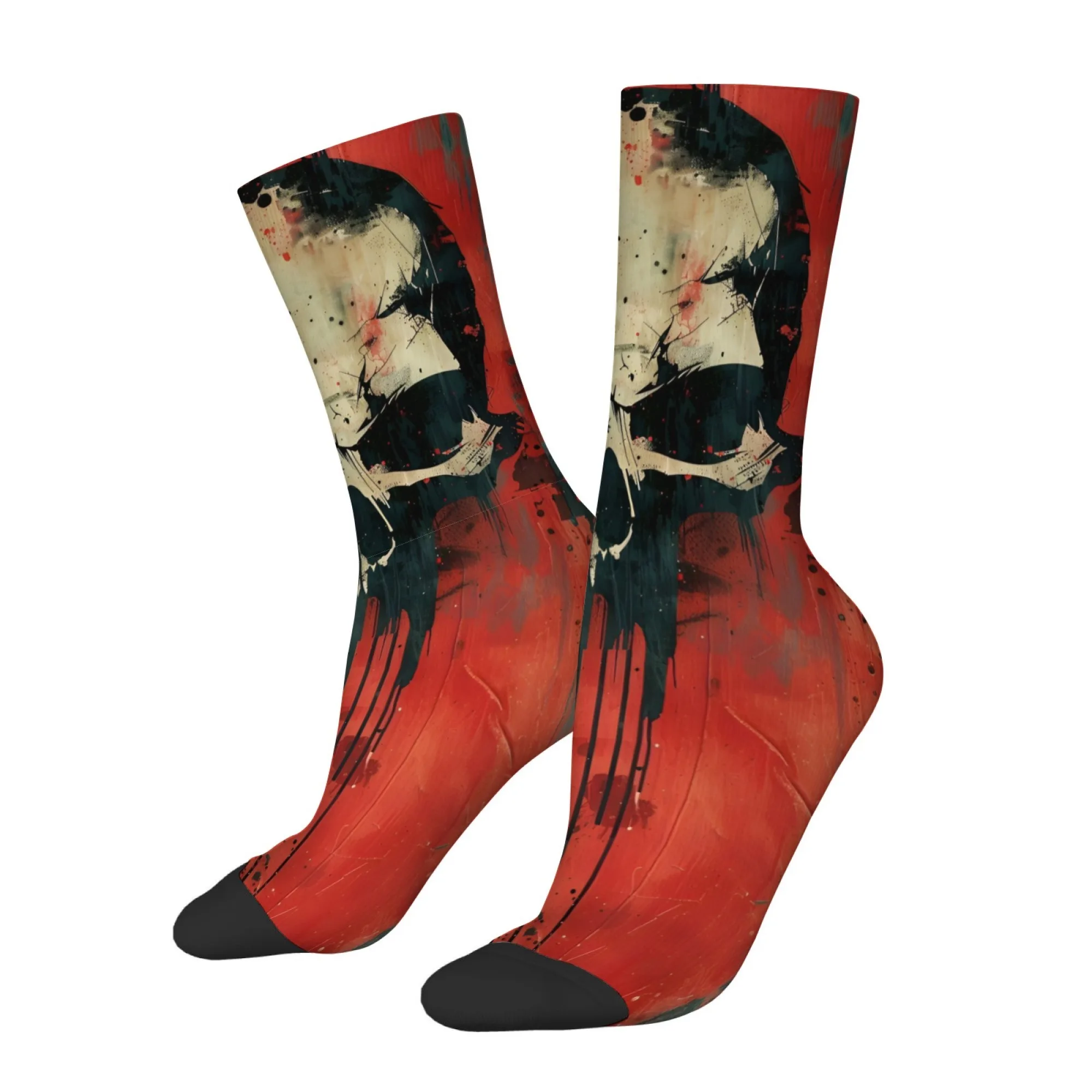 Dark Avant-garde Abstract Postmodern Skull Print Mid-calf Socks Red Black Punk Gothic Unique Artistic Style Soft Warm Socks