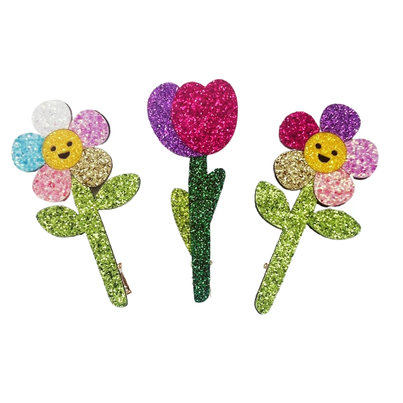 15pcs Glitter Floral Hairpins Solid Smile Sunflower Tulips Hair Clips Barrettes Princess Headwear Hair Accessories for Girls