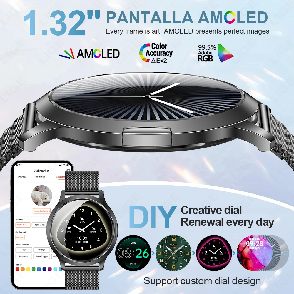 LIGE 2025, modische 1,32-Zoll-Smartwatch für Herren und Damen, AMOLED-Bildschirm, IP68, wasserdicht, Herzfrequenzmesser, Herren- und Damen-Smartwatch