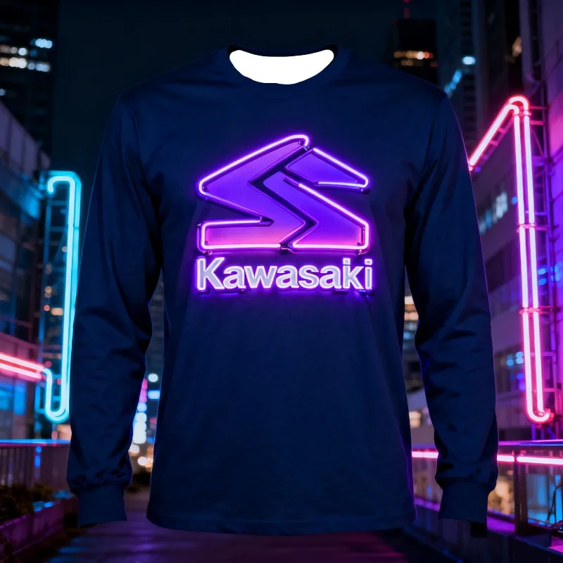 

MOTO-темно-синяя рубашка с длинными рукавами и привлекательным неоново-фиолетовым рисунком логотипа Kawasaki