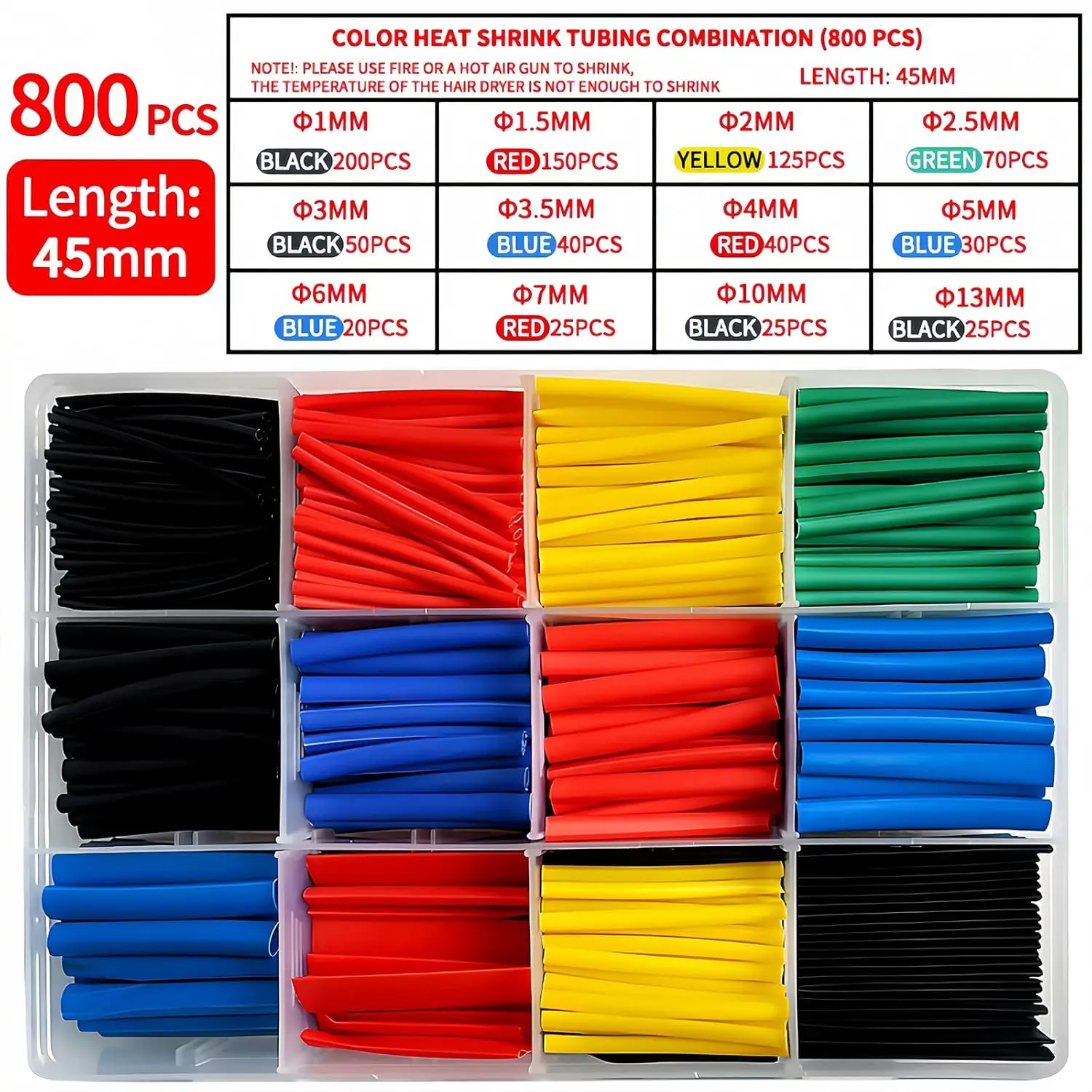 800PCS Heat Shrink Tubing 2:1 Electrical Wire Cable Wrap Assortment Electric Insulation Heat Shrink Tube Kit