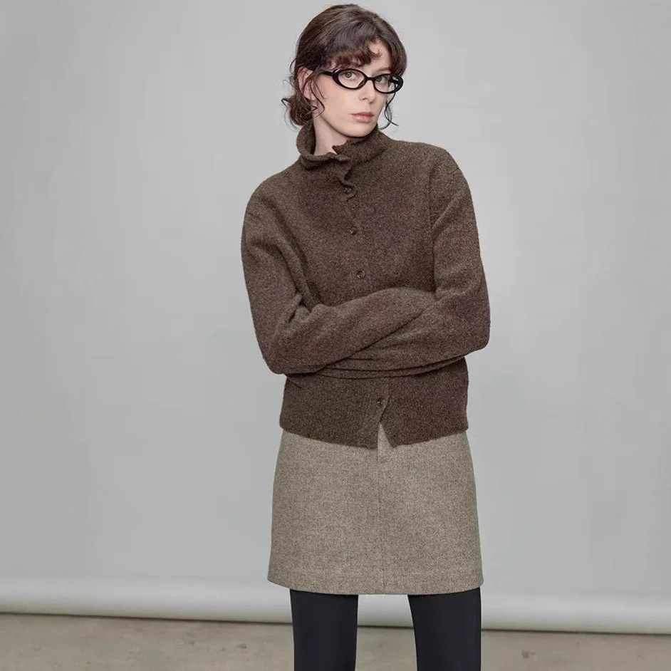 UMI MAO nicho francés ligero de lujo gris Color café suéter tejido mujeres nuevo otoño suelto ajuste elegante versátil estilo perezoso Top