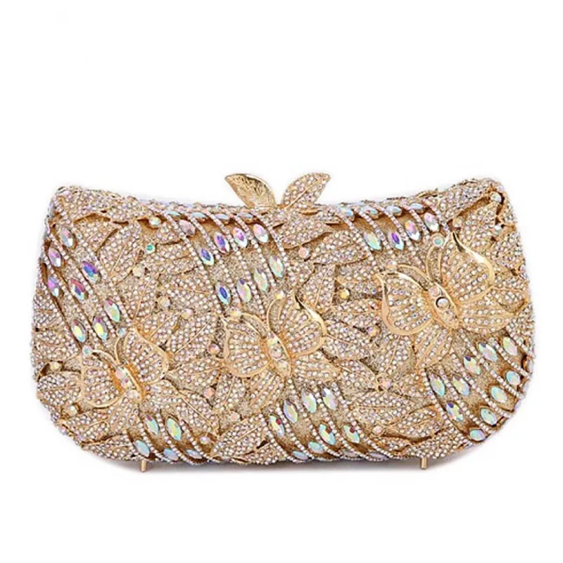 

High-end luxury Hollow metal butterfly flower Crystal Metallic Evening Bags Wedding Novelty Rhinestone Metallic Clutch Purses