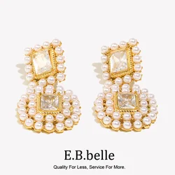 E.B.belle Fashion 18K Gold Plated Luxury Spliced Square Zircon Full Pearl Stud Earrings Women Party Chic Jewelry Non Tarnished