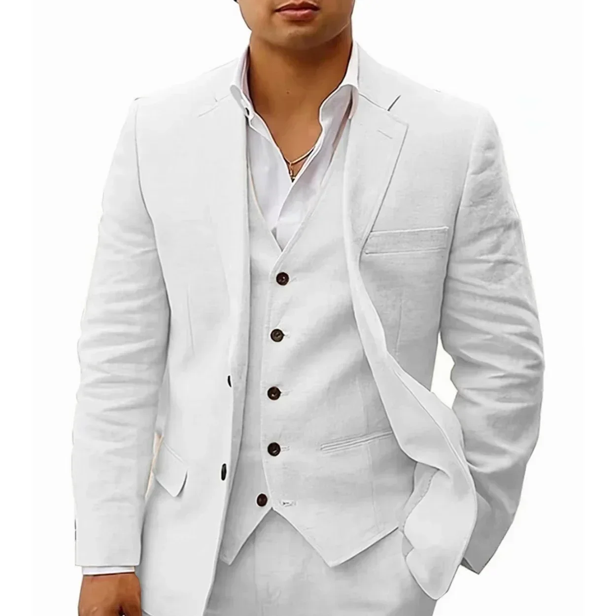 

Men's 3-Piece Linen Suit Set - Notched Lapel Casual Tuxedo Blazer Vest And Pants for Wedding Business Summer Beach