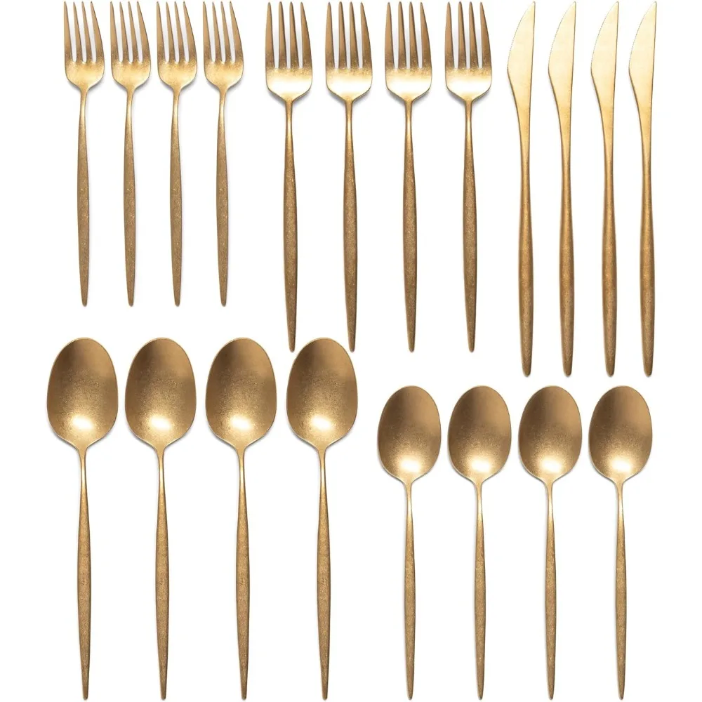 

Элегантный винтажный набор столовых приборов из 20 предметов на 4 человек, высококачественная нержавеющая сталь с уплотненными ручками, вневременная античная отделка, посудомоечная машина