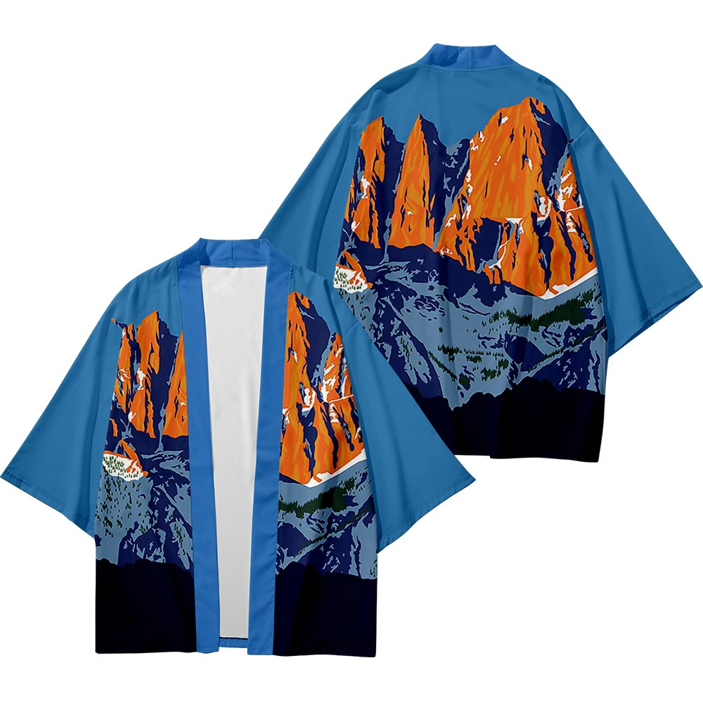 

Men's Japanese Kimono Traditional Nature and Mountain Pattern Casual Loose Thin Jacket Asian Kimono Cardigan 2