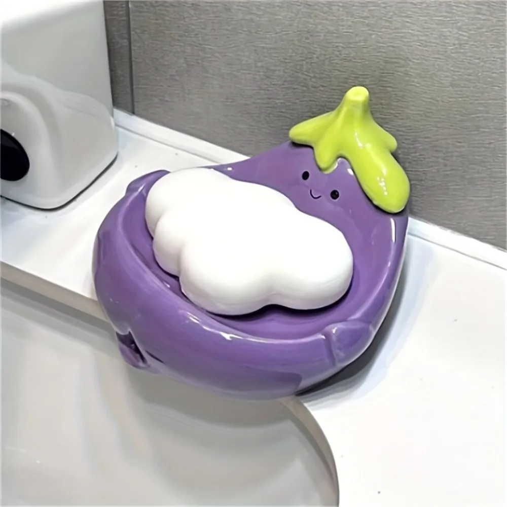

Cute Eggplant Shaped Ceramic Soap Dish with Drain Hole Creative Eggplant Design Bathroom Soap Holder for Sink Bathtub Kitchen