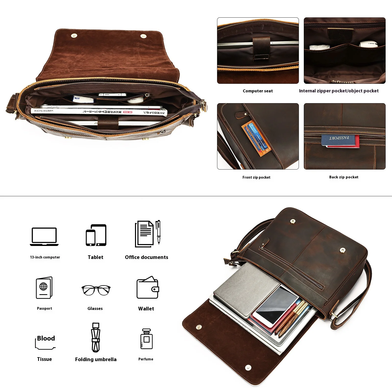 Vintage Leather Messenger Bag for 13