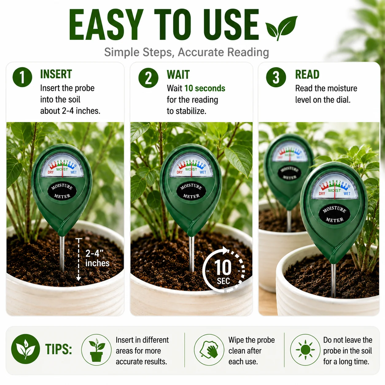 2PCS Soil Moisture Tester Soil Moisture Meter Plant Water Meter Plant Moisture Tester Instant Reading No Battery Garden，Green