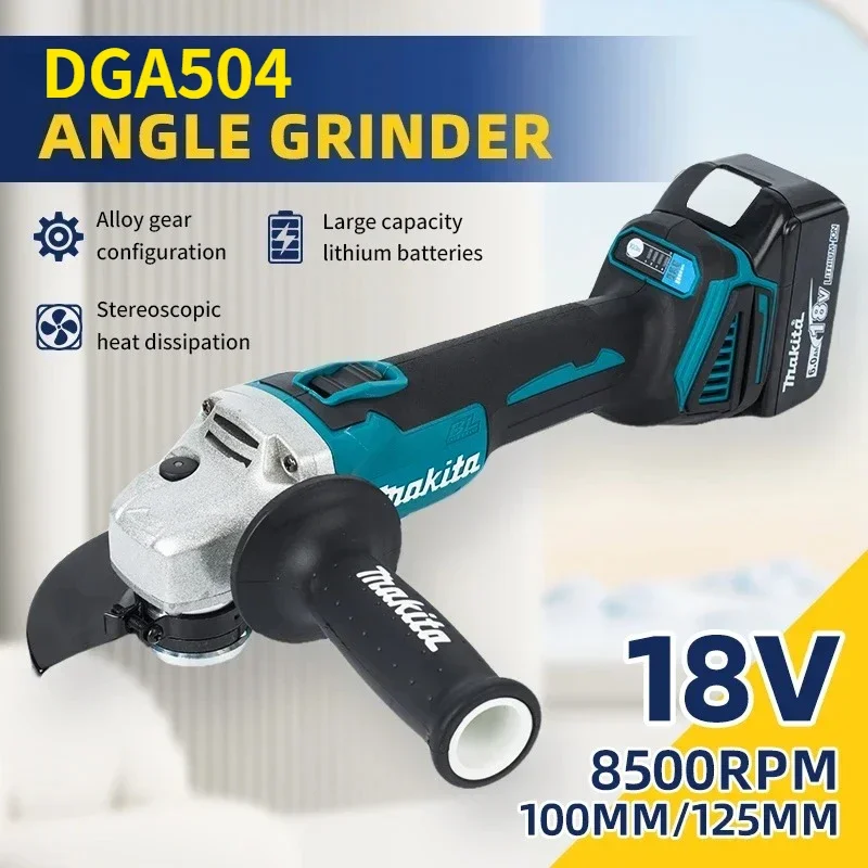 Original Makita DGA504 125mm Bürstenloser Winkelschleifer mit Li-Ionen-Akku, kabellos zum Schneiden, Polieren und Schleifen, für Makita 18V Akku.