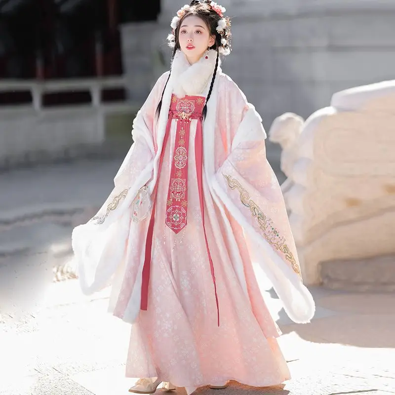 Chinese  Hanfu female heavy industry embroidery plus velvet thick sleeve shirt Tang Feng chest eight broken skirts in winter