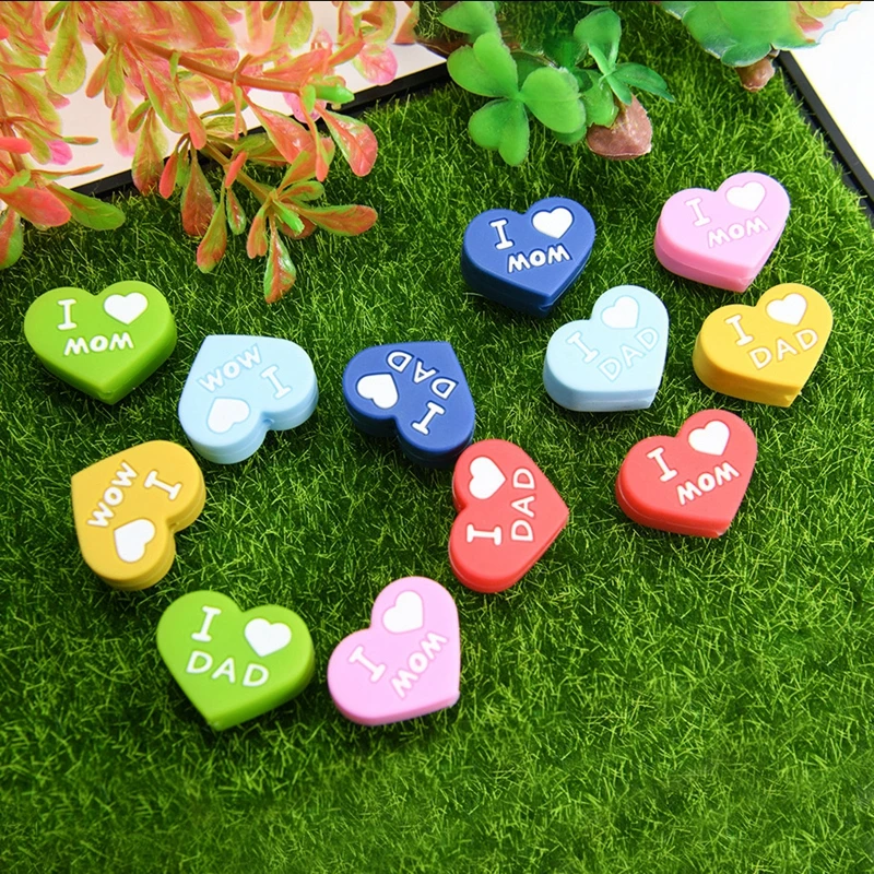 10Pcs I Love Dad/Mom Silicone Beads Heart Shape Focus Beads For Jewelry Making DIY Pacifier Chain Bracelet Accessories