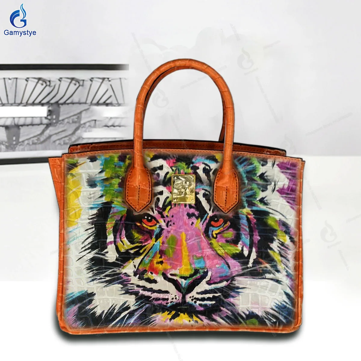 Art Hand-Painting Mighty colorful tiger Customize Totes Women Clutch purses and handbags Designer Ladies purses Genuine Leather