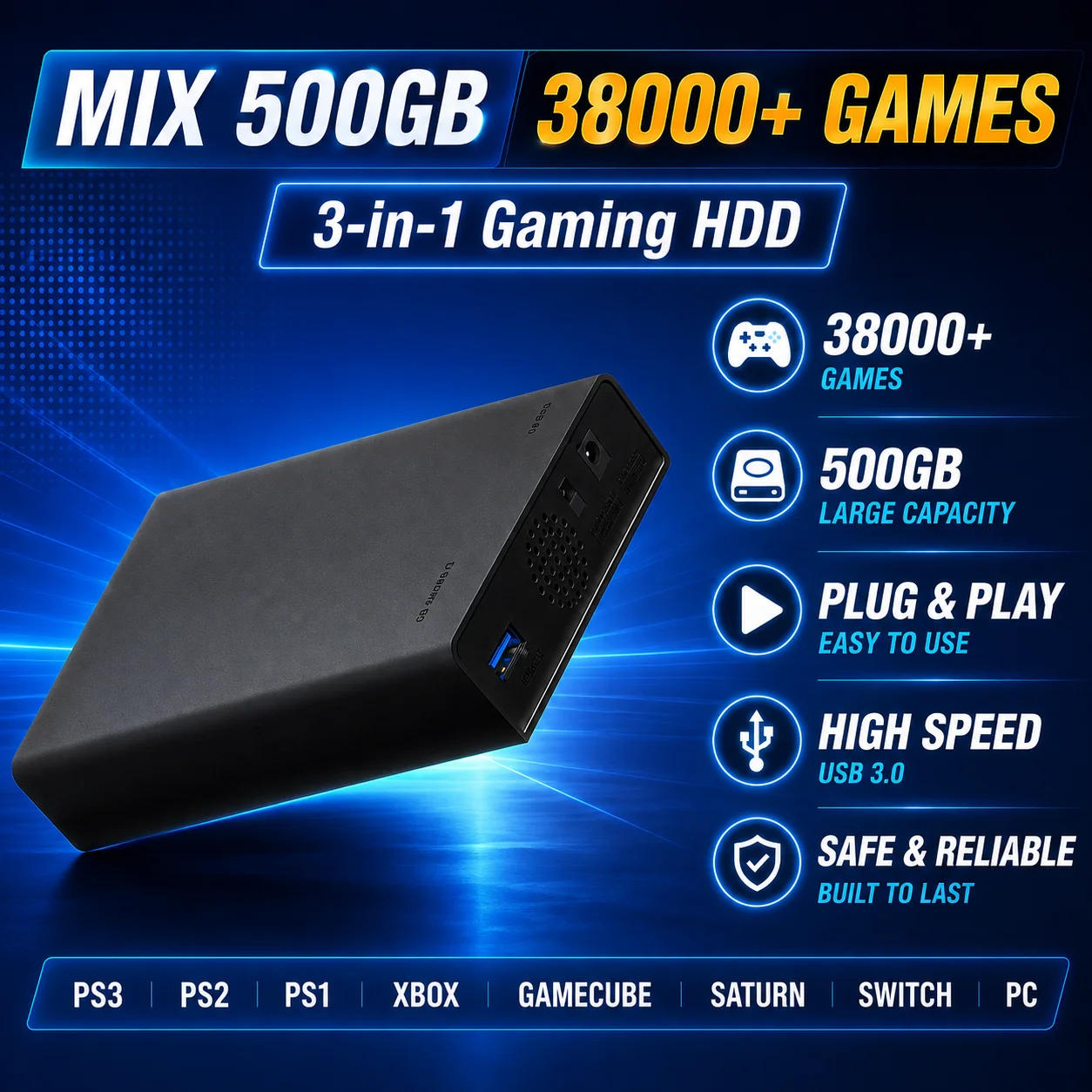 Portable Mix 500GB Gaming HDD with 38200+ Games for XBOX/PS3/PS2/Switch/Wii/WiiU Video Game Console for Windows PC/Laptop Plug and Play Launchbox&Playnite&Retrobat