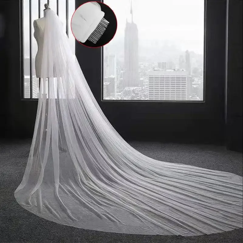 

Real Photos White One Layer Tulle Long 3M Cut Edge Cathedral Bridal Veils with Comb Mariage Wedding Accessories 2024