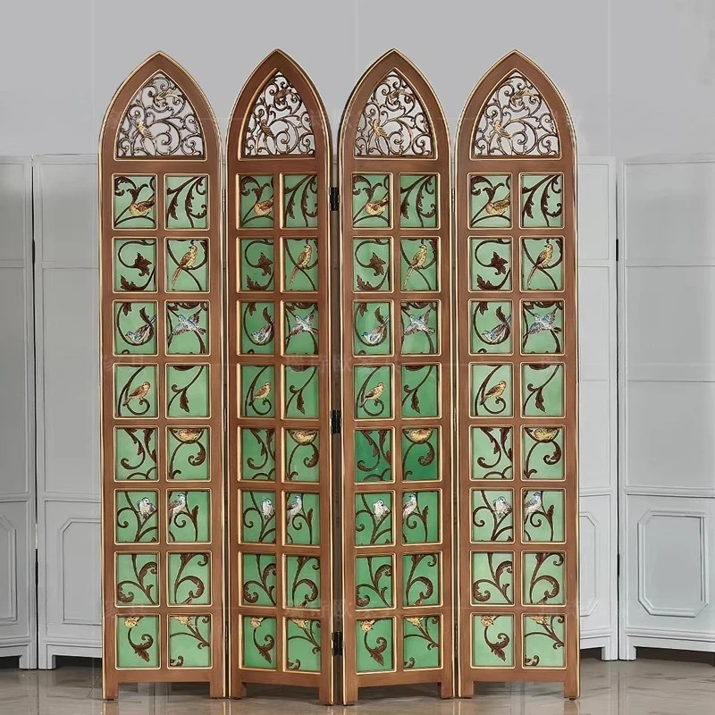 Retro green screen flower and bird painted living room glass screen