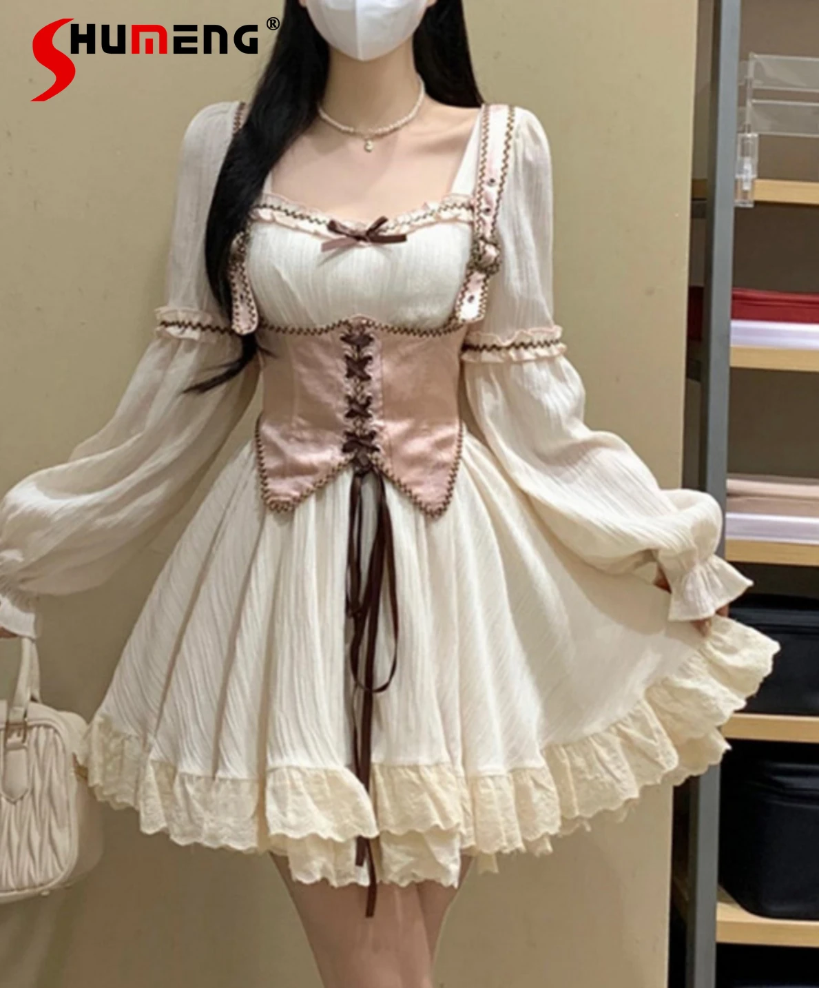 

Spring and Autumn Princess Oversized Dress Suit Two-Piece Sweet Court Style Square Collar High Waist Slimming Dresses with Vest