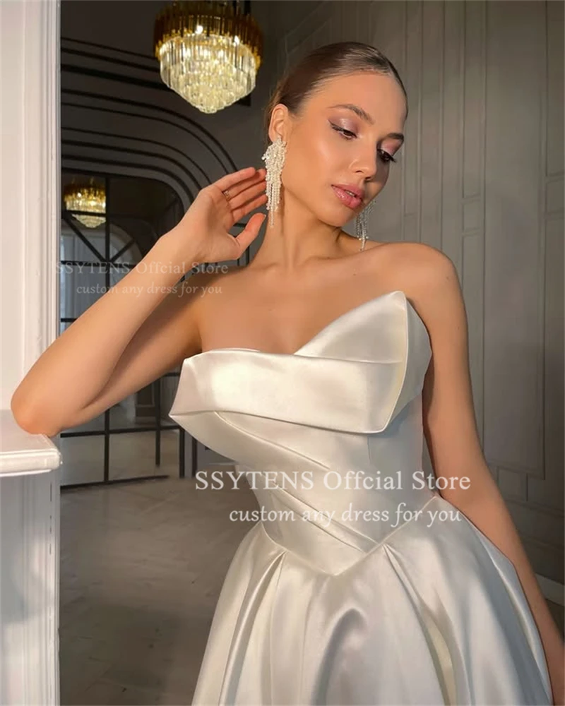 SSYTENS Elegant A-Line Satin Wedding Dresses Sleeveless Bride Gowns Dubai Customised Strapless Bride Prom Evening Party Dress