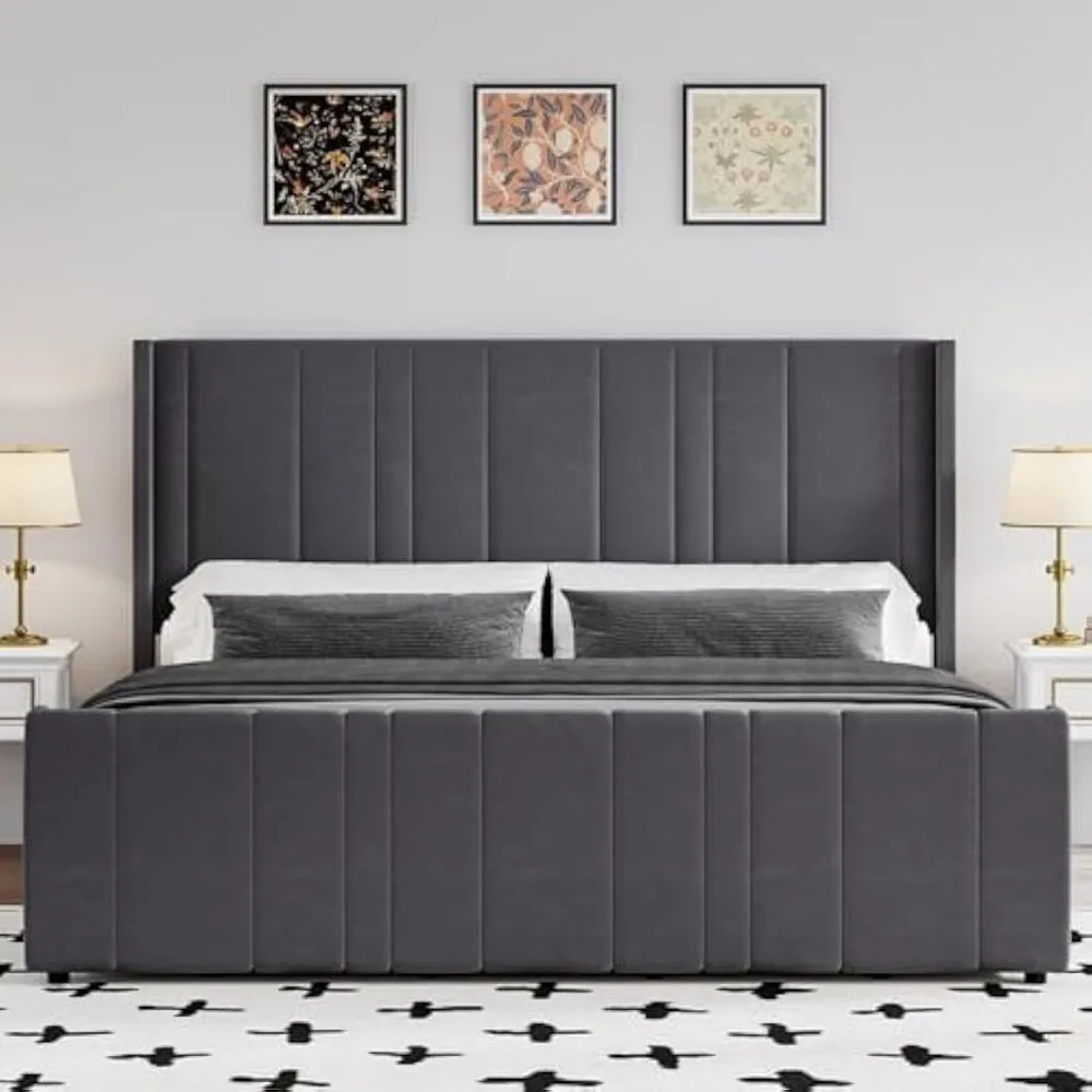 

Bed Frame Velvet Upholstered Bed with Vertical Channel Tufted Headboard & Footboard, Noise Free/No Box Spring