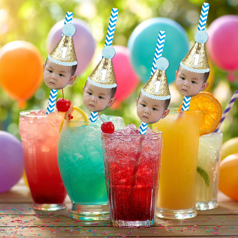 Custom Birthday party Face Photo Birthday Hat Banner Cupcake Toppers Stickers Straws for kids 1st Birthday party decorations view 5