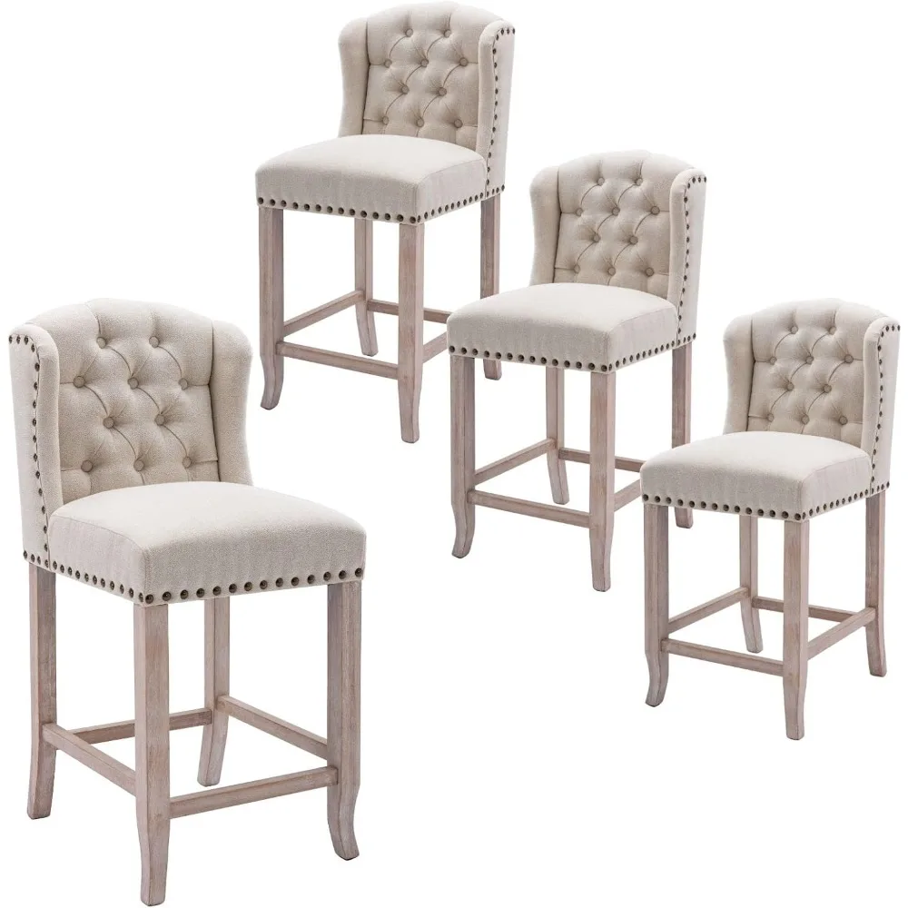 

26" Linen Counter Height Stools Set of 4, Upholstered Button Tufted Counter Stools with Wood Legs Wingback Low Bar Chairs