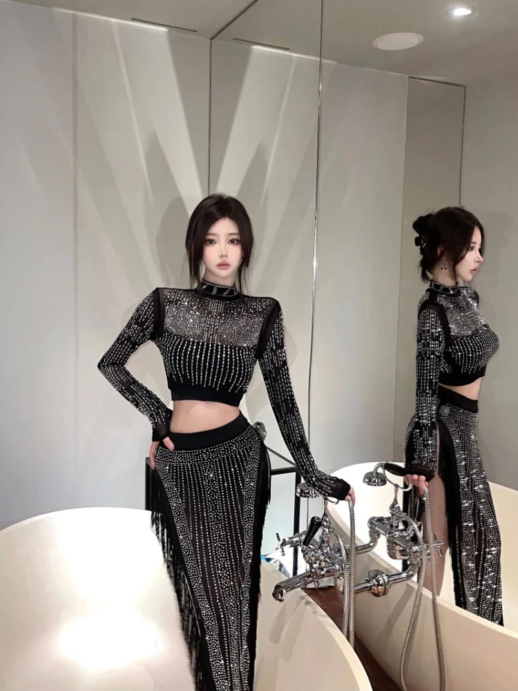 SMTHMA Luxury Rhinestone Studded Two Pieces Sets For Women Glam Sheer Mesh Crystal Crop Top And Matching Skirt Set Clubwear