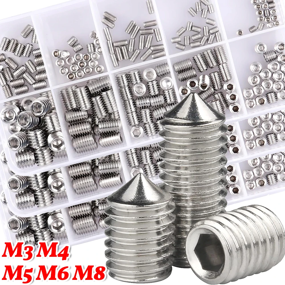 

200pcs Box Internal Hex Socket Screw M3 M4 M5 M6 M8 Stainless Steel Standard Cone Point Grub Screw Assortment Kit Rust-resistant