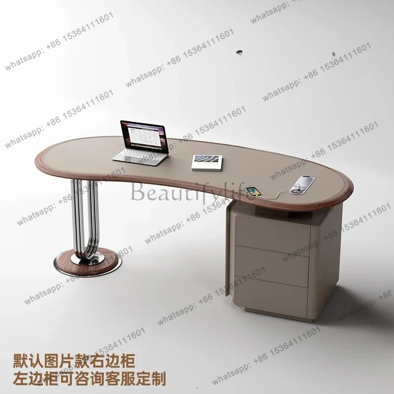 

Retro style saddle leather desk Italian minimalist home office with sub-cabinet solid wood computer desk