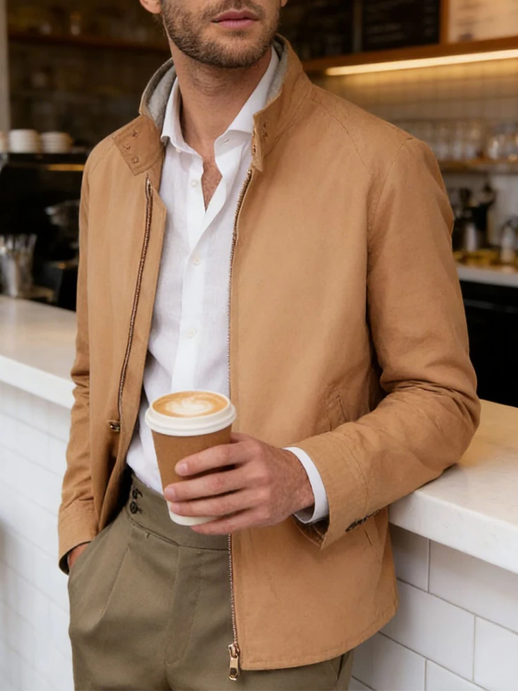 

Casual Zip-up Stand Collar Jackets Mens Spring Fashion Solid Color Slim Outerwear Men Autumn Stylish Long Sleeve Cardigan Jacket