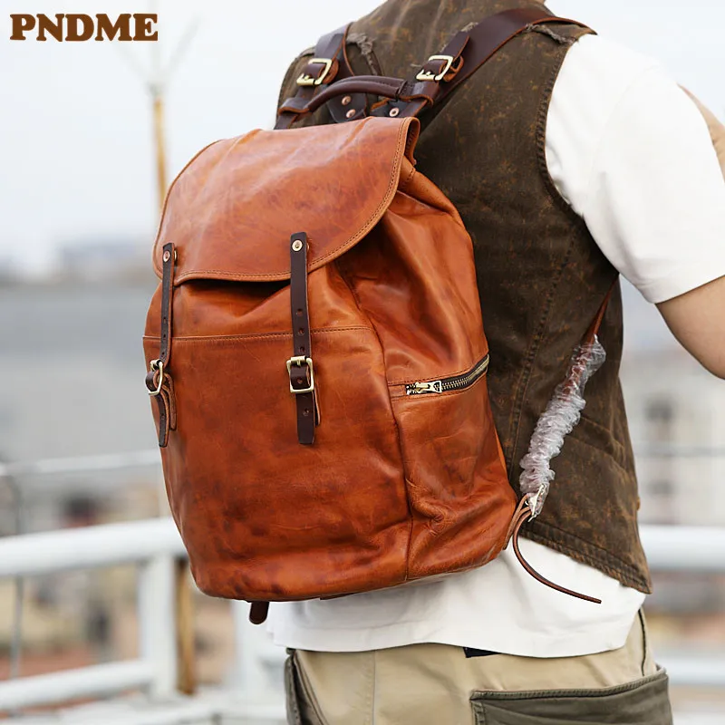 

PNDME Designer Organizer Genuine Leather Large Capacity Men's Backpack Outdoor Travel Fashion Real Cowhide Anti-theft Schoolbag