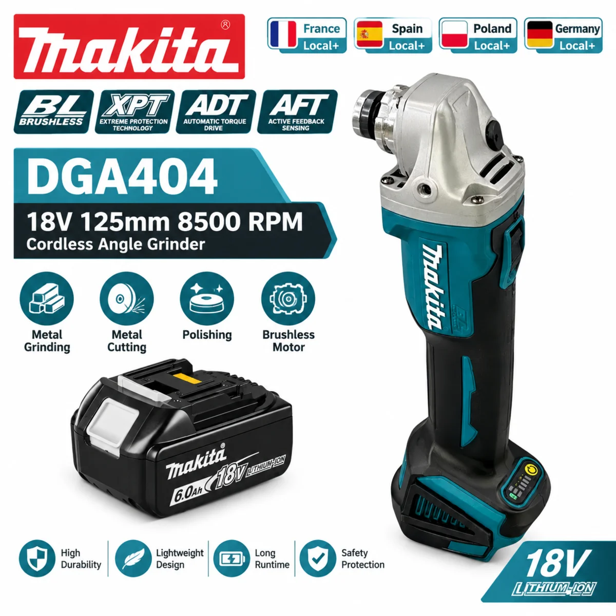 Smerigliatrice angolare a batteria Makita 18V Dga404 Lxt 125mm, senza spazzole, ricaricabile, con tecnologia agli ioni di litio, utensile elettrico ad alta potenza per taglio, levigatura e lucidatura