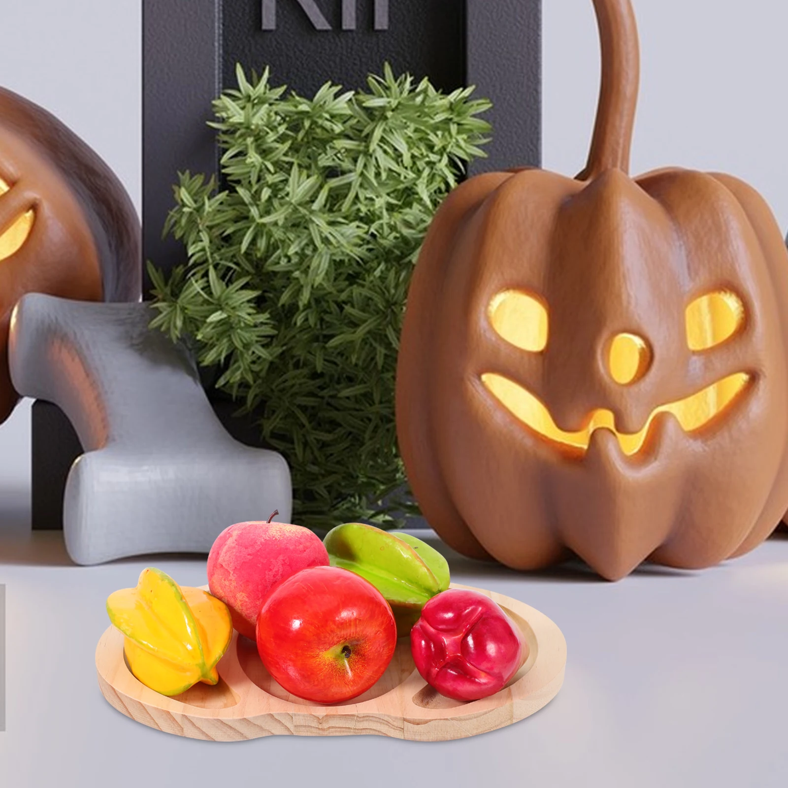 

Wooden Pumpkin Shaped Tray Food Serving Plate Halloween Party Snack Platter Fruit Cheese Divided Layout Sturdy Wood Material