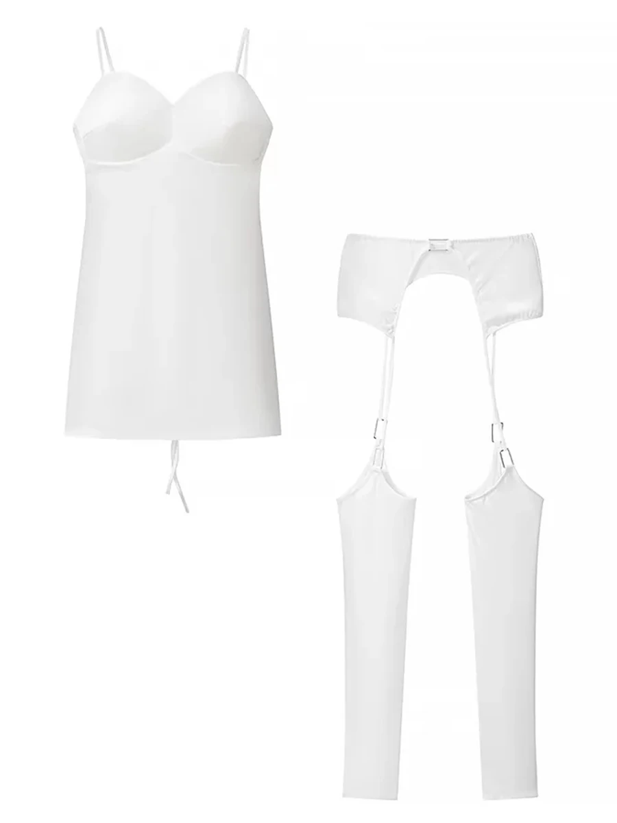 TWOTWINSTYLE White Satin Beach Suit for Women Spaghetti Strap Bodycon Mini Dress with Stretchy Slinky Garter for Romantic Night image 4