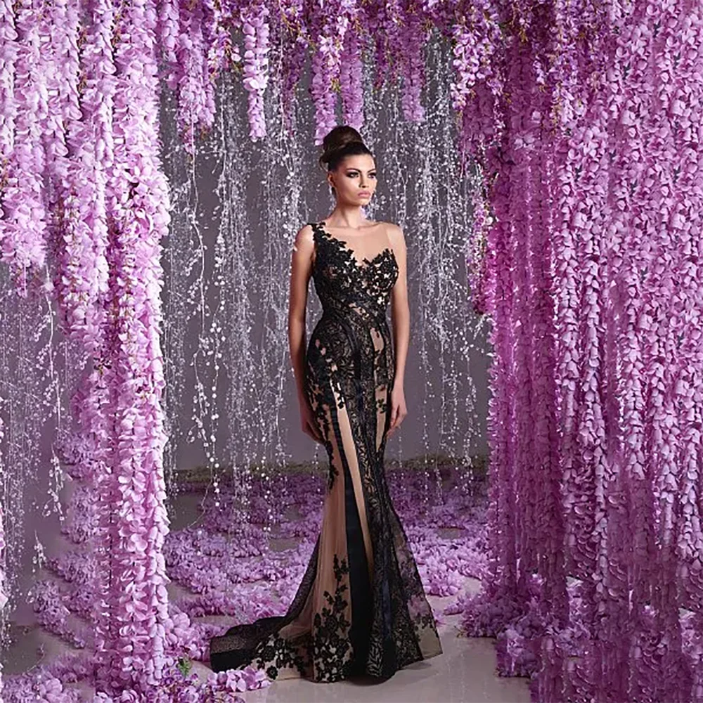 Black Mermaid Evening Dresses Lace Applique Beaded Trumpet Prom Dress Sweep Train Illusion Bodice Formal Party