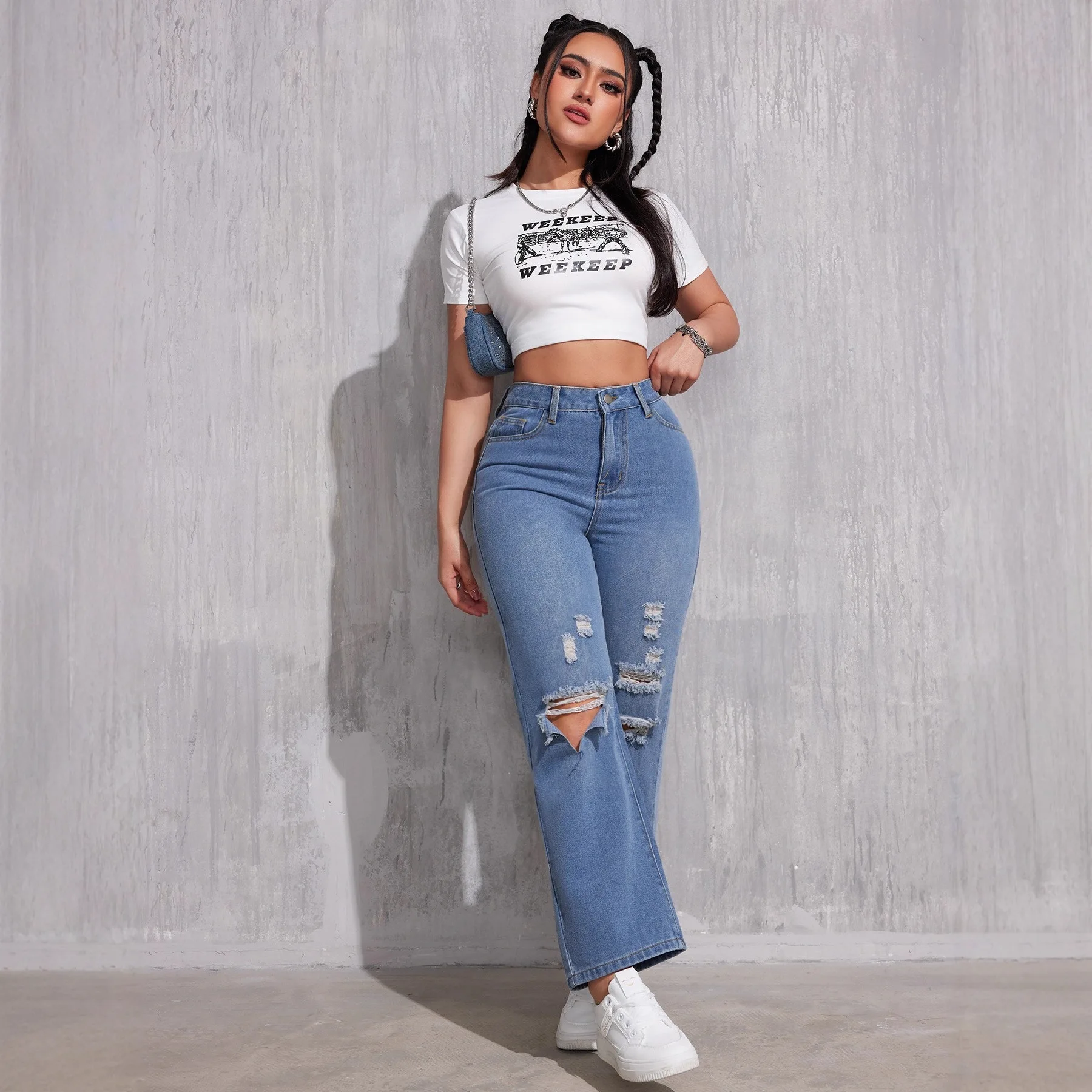 

Европейские и американские потертые джинсы, новые модные женские рваные свободные прямые брюки с высокой талией