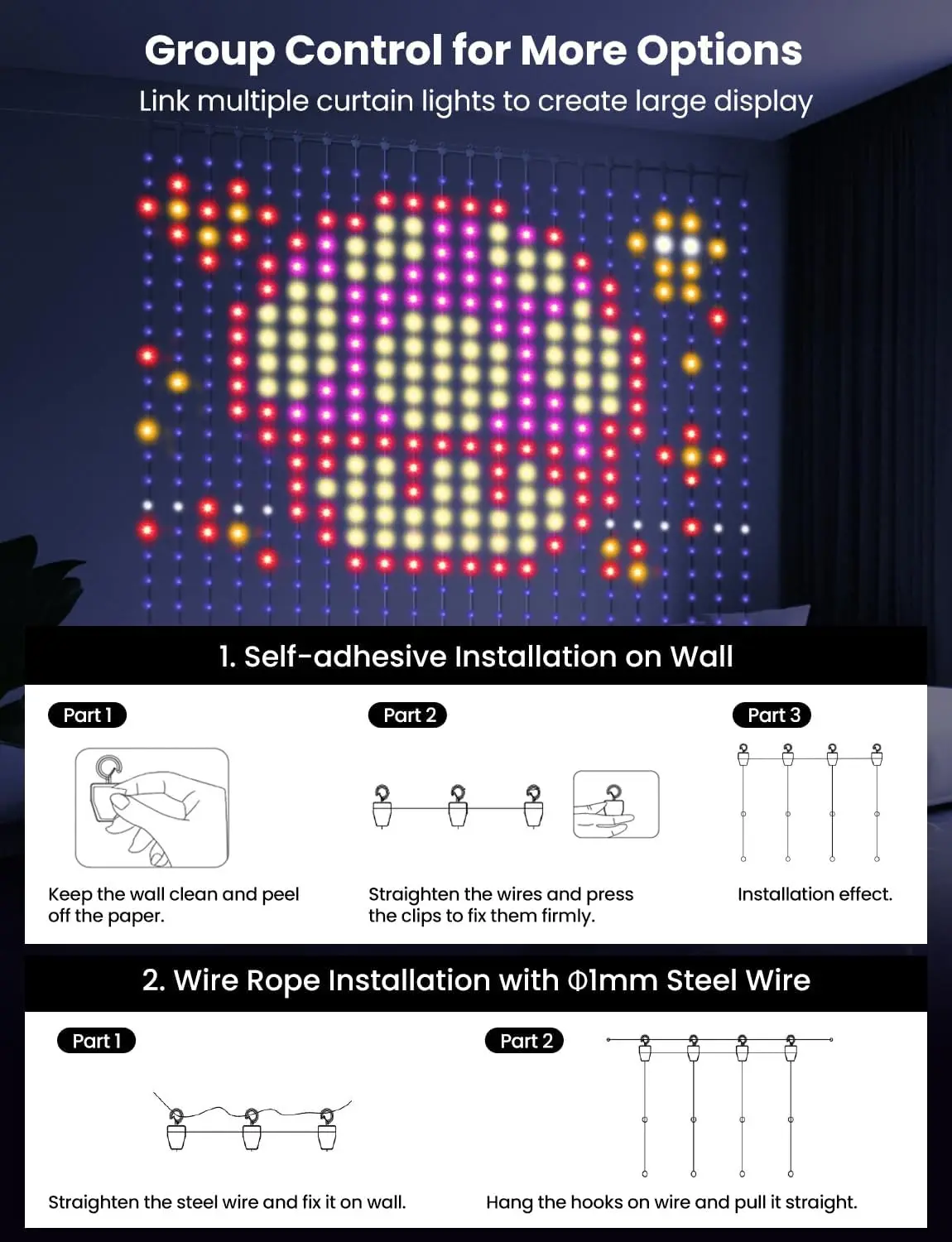 Smart LED Curtain Lights USB,400 LED Dynamic Pattern DIY Curtain String Lights with App & Remote for Bedroom Christmas Decor