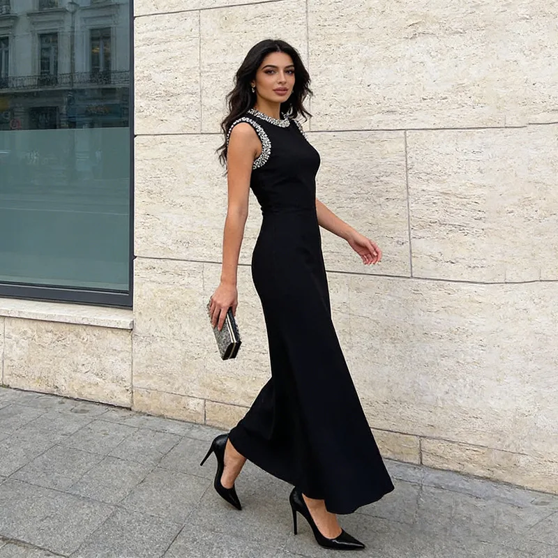 French Style Elegant Solid Dress Crystal Round Neck Sleeveless Chic Slim A Line Long Dress Lady Casual Holiday Going Out Wear
