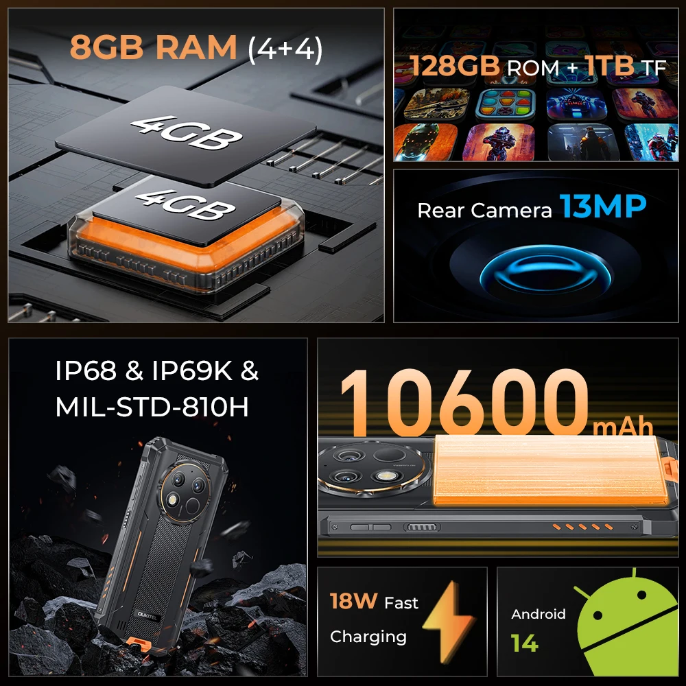 Imagem -02 - Smartphones Robustos 52 Polegada Octa Core 4gb Mais 128gb Android 14 Celular Bateria 10600mah Câmera 13mp Nfc Oukitel-wp28s